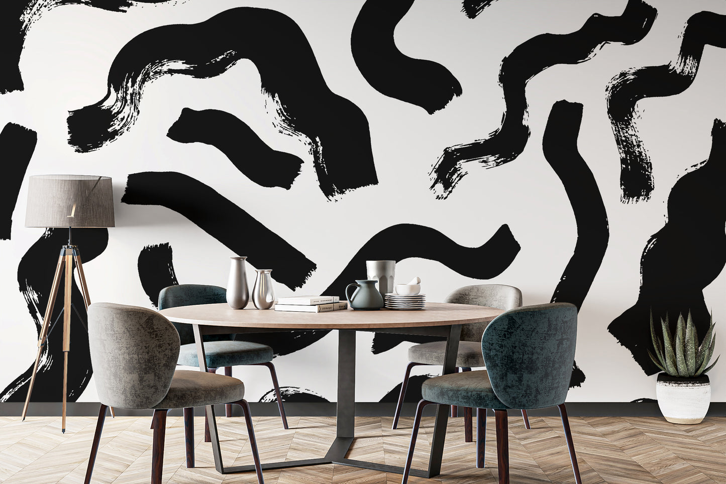 Dining room using temporary Modern Art Black Brushstrokes Wallpaper to add personality without damaging the walls.