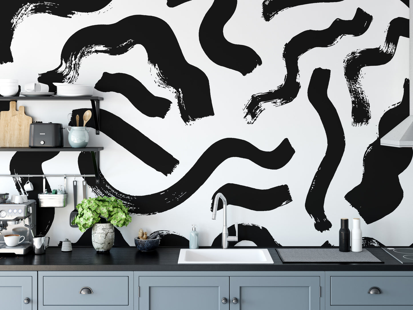 Artistic kitchen room with canvas texture Modern Art Black Brushstrokes Wallpaper as a unique and modern backsplash.