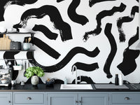 Artistic kitchen room with canvas texture Modern Art Black Brushstrokes Wallpaper as a unique and modern backsplash.