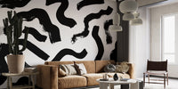 Self adhesive Modern Art Black Brushstrokes Wallpaper in a living room, offering a chic and easy-to-clean design.