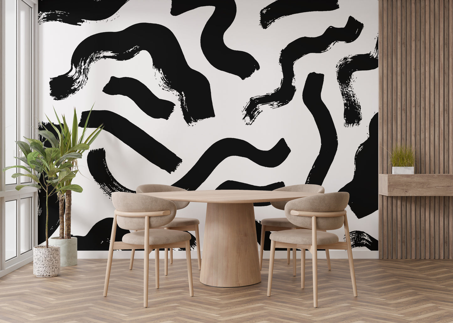 Stylish dining room with water-resistant Modern Art Black Brushstrokes Wallpaper on self adhesive vinyl for a clean look.