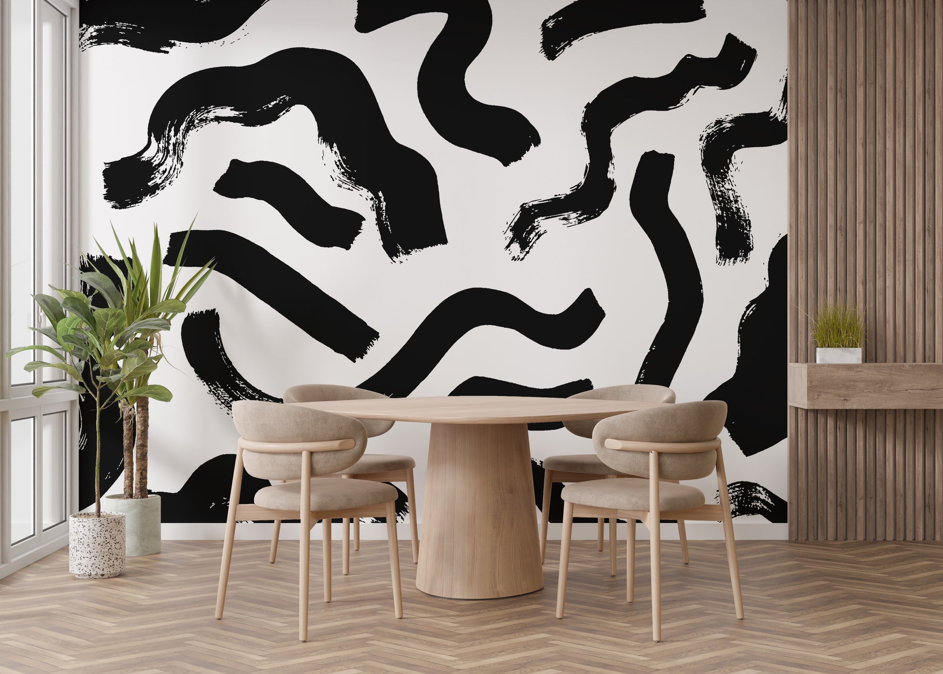 Stylish dining room with water-resistant Modern Art Black Brushstrokes Wallpaper on self adhesive vinyl for a clean look.