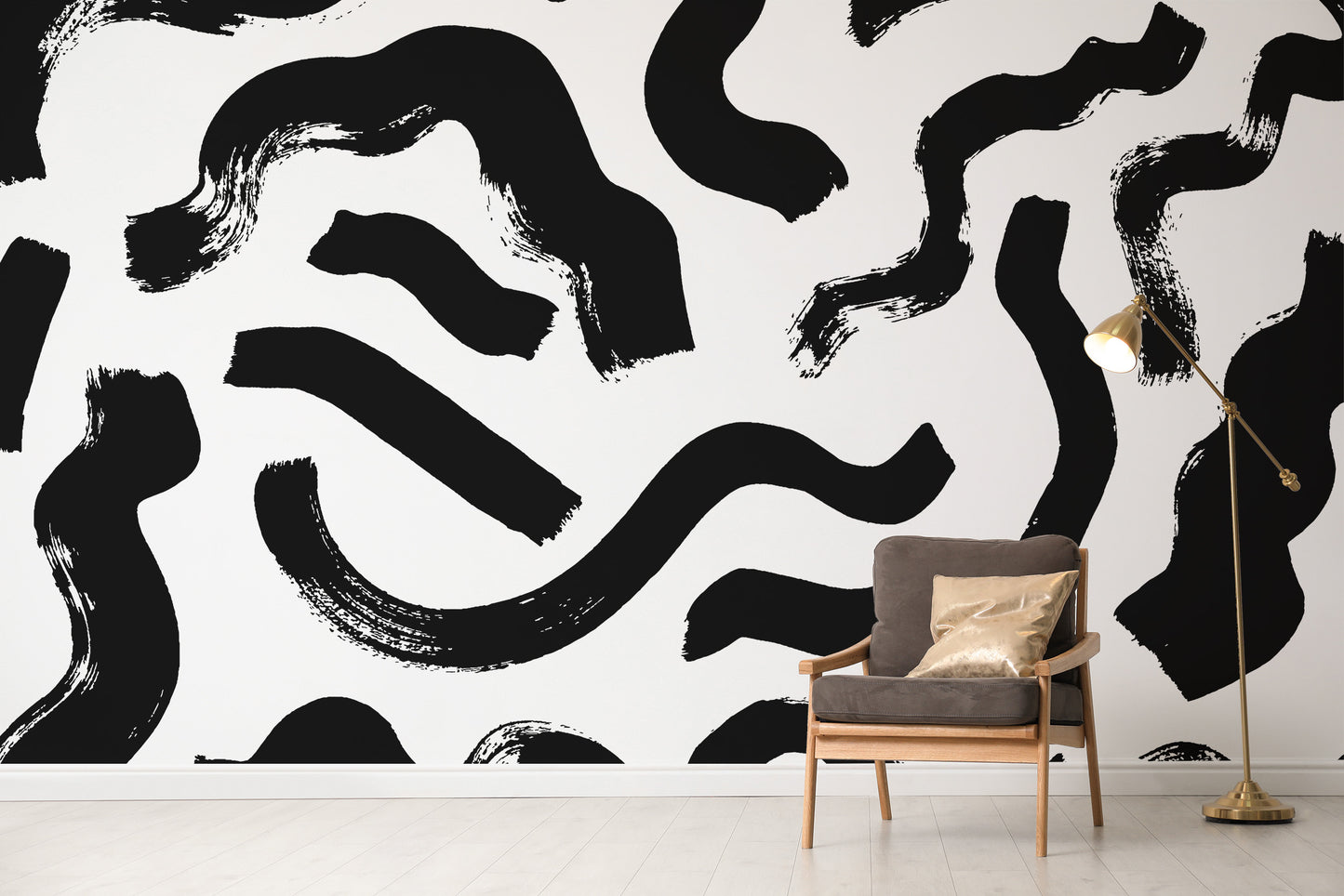 Professional home office styled with standard Modern Art Black Brushstrokes Wallpaper for a creative, modern atmosphere.