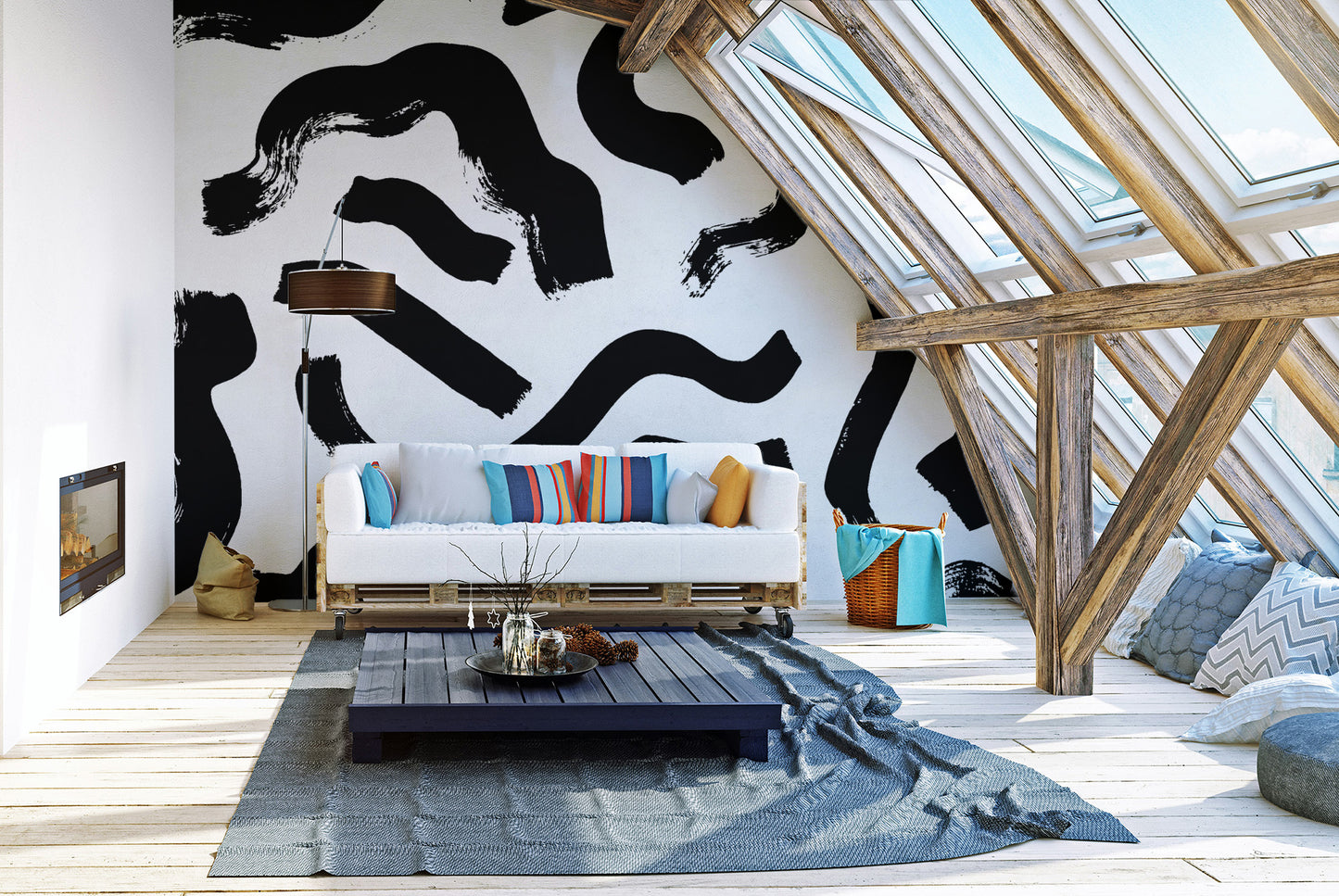 Minimalist living room with removable Modern Art Black Brushstrokes Wallpaper, perfect for a bold and temporary update.