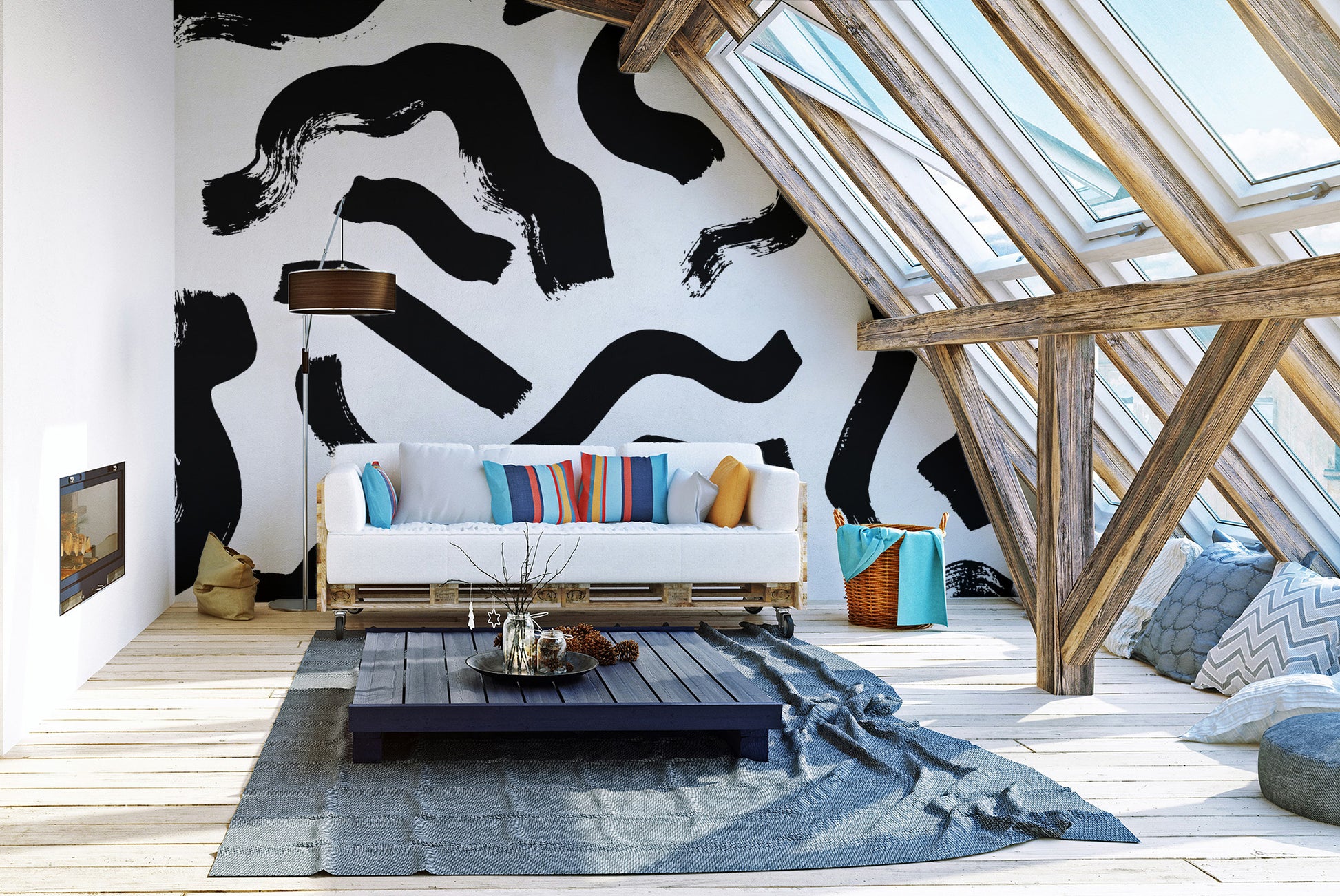 Minimalist living room with removable Modern Art Black Brushstrokes Wallpaper, perfect for a bold and temporary update.