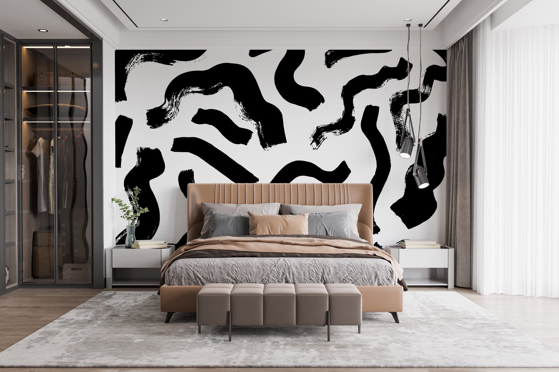 Contemporary bedroom featuring Modern Art Black Brushstrokes Wallpaper on premium canvas for a textured, high-end look.
