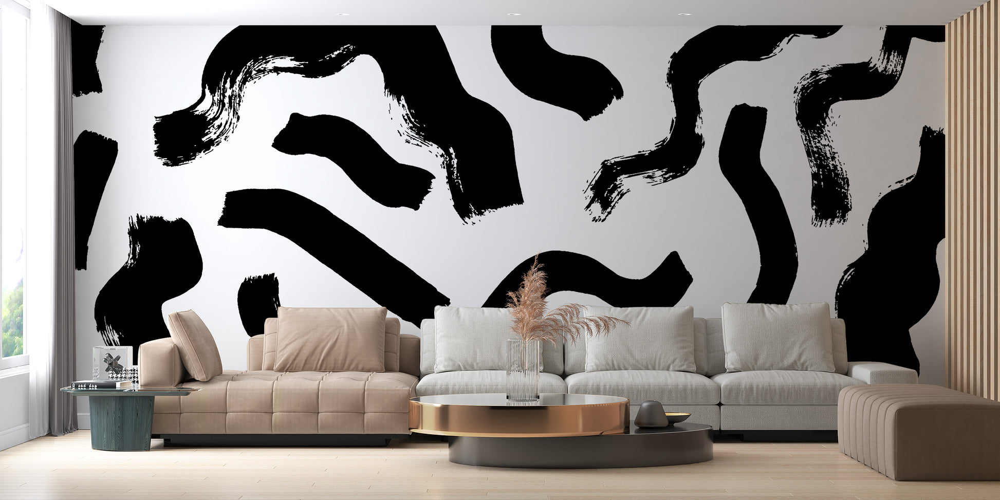 Modern Art Black Brushstrokes Wallpaper in a living room with peel and stick material for an instant art gallery vibe.