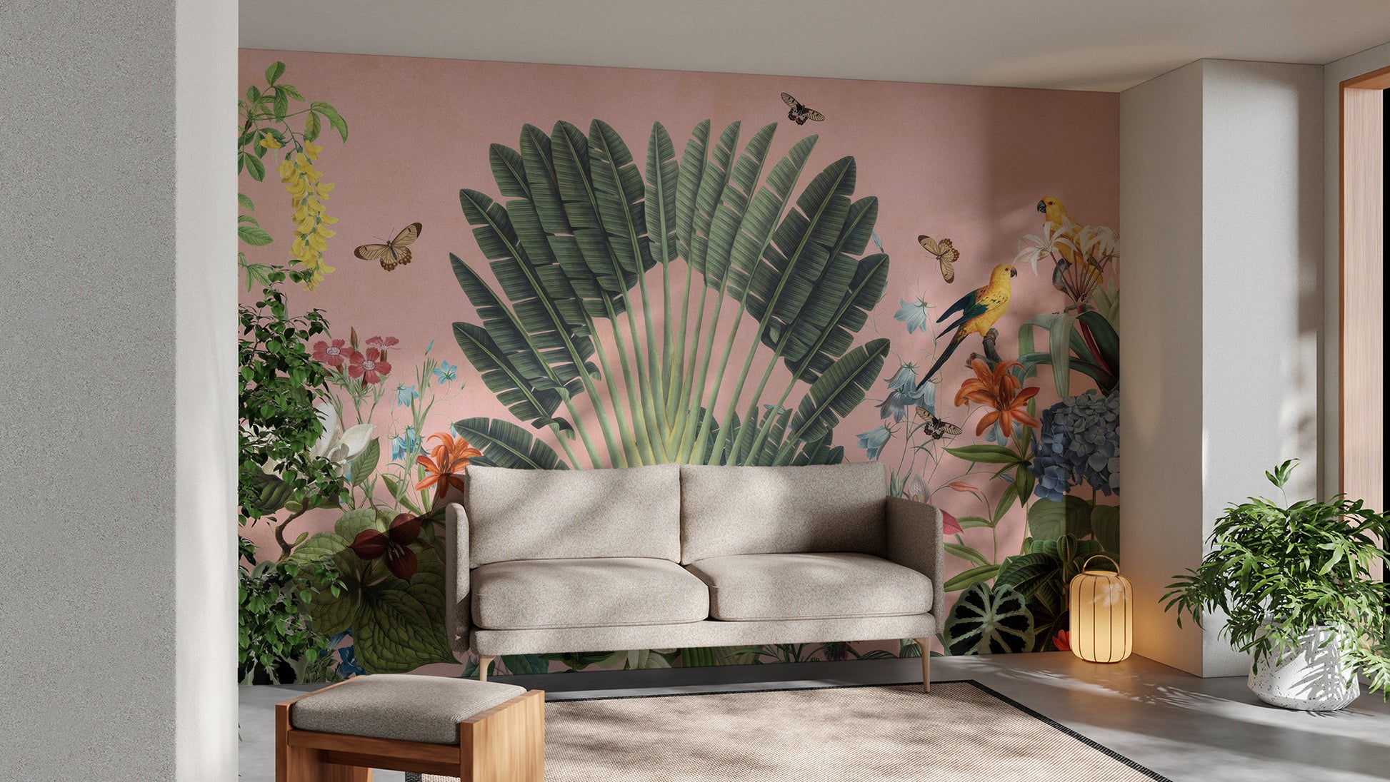 Sunbeam Canopy wallpaper mural with lush palm fan and parrots on a pink wall behind a beige sofa and potted plants in a living room