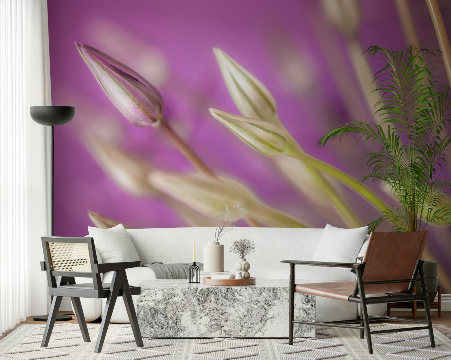 A floral wallpaper displaying tender allium buds emerging with subtle purple hues.