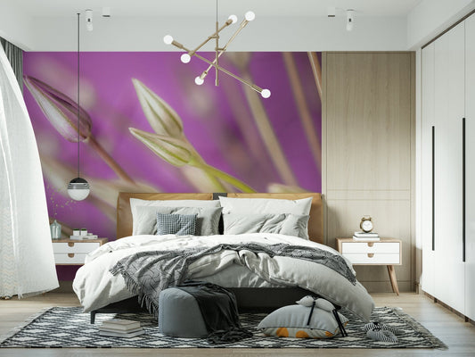 This wallpaper displays fresh allium buds reaching upward against a vibrant purple backdrop.