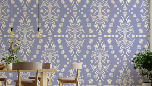 A full-wall mural showing a pattern of decorative ornaments.
