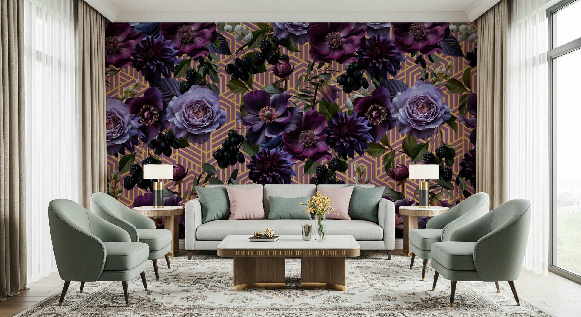 An artistic interlocking mural on minimalist wallpaper.

