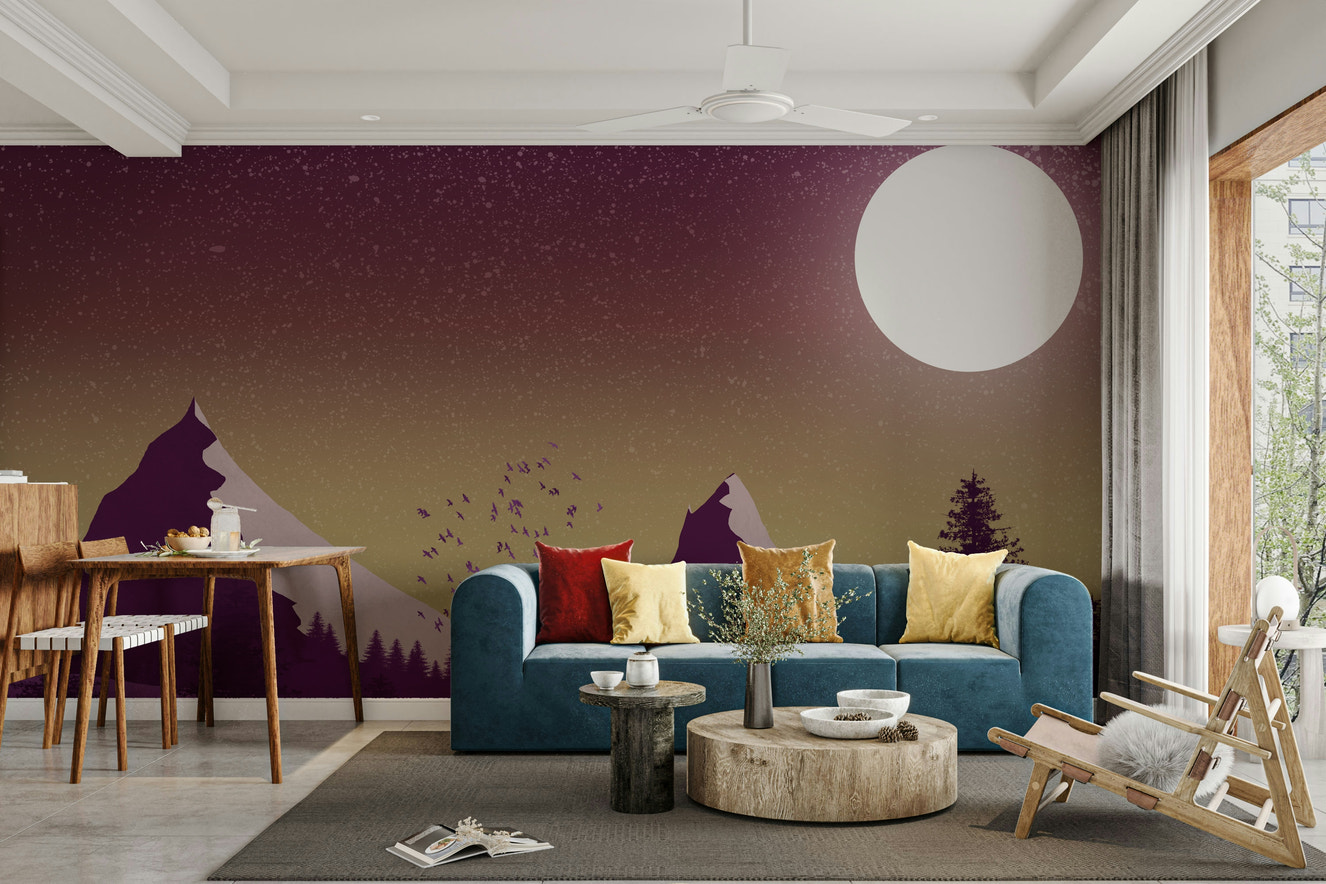 Purple Peaks Under the Moon Wallpaper in a modern apartment bedroom with gray bedding.