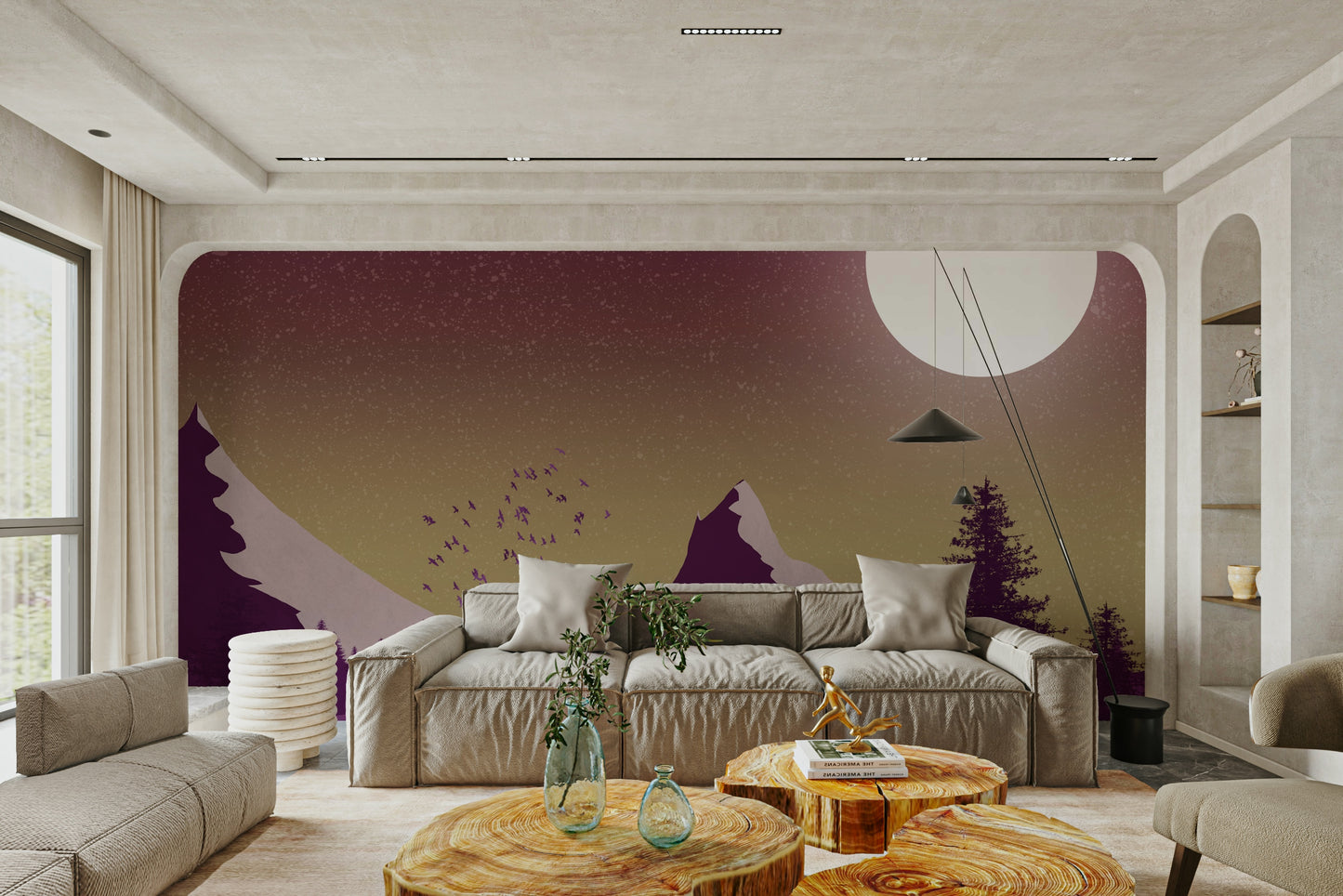 Purple Peaks Under the Moon Wallpaper on a nursery feature wall with neutral furniture.