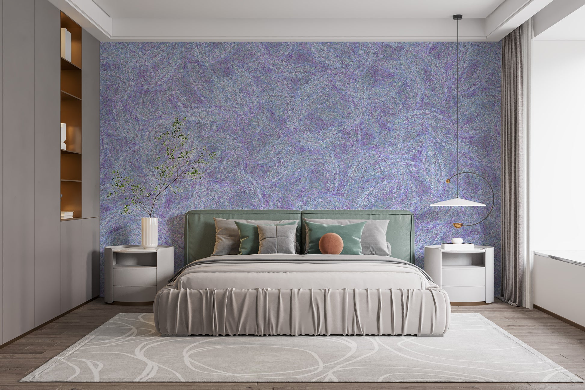 Soft purple watercolor flower mural for elegant walls.
