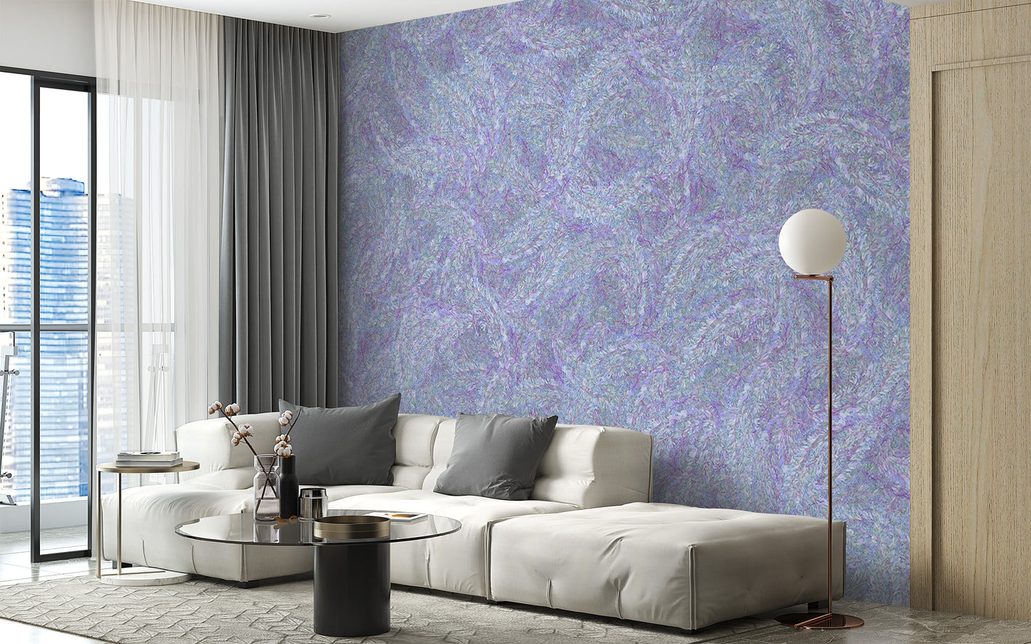 Summer wall mural featuring purple watercolor blossoms.
