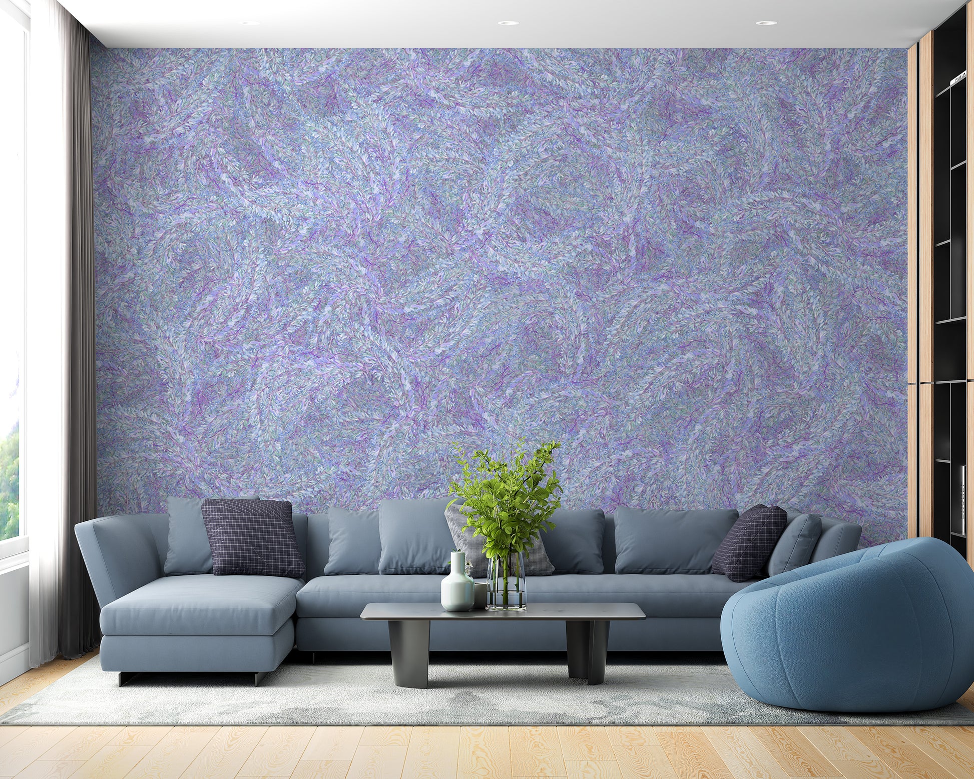 Purple watercolor flowers mural for a summery ambiance.
