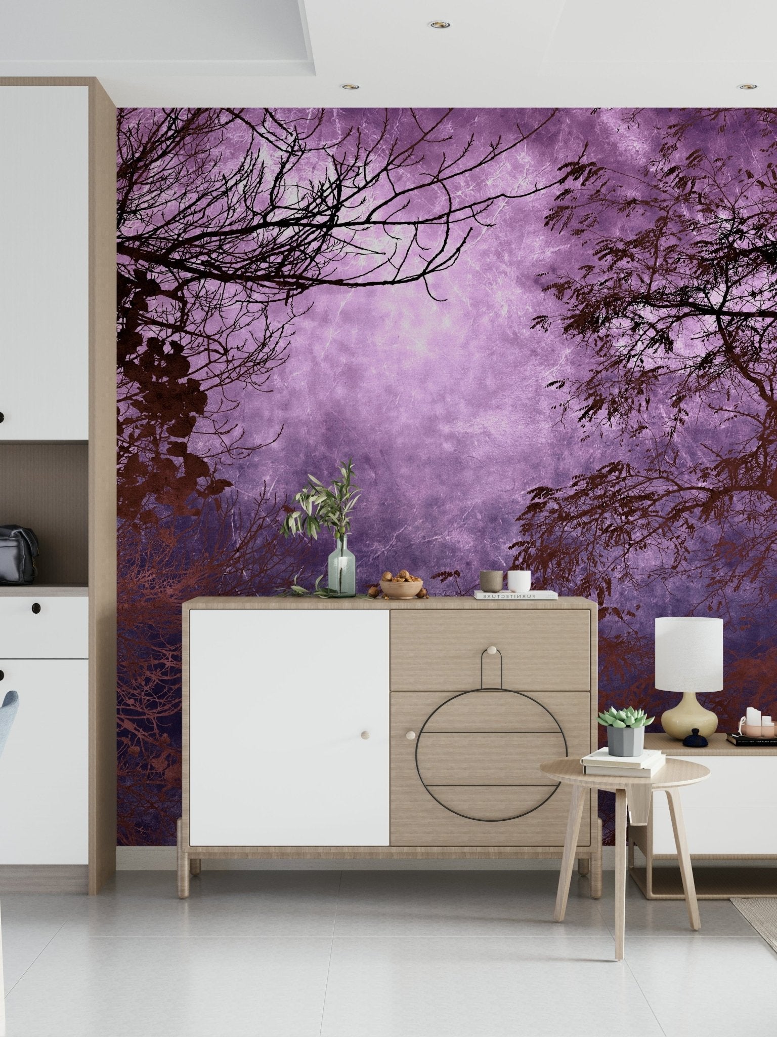 Moody violet forest wall mural with bare treetops