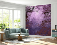 Dramatic purple woodland wall mural at dusk