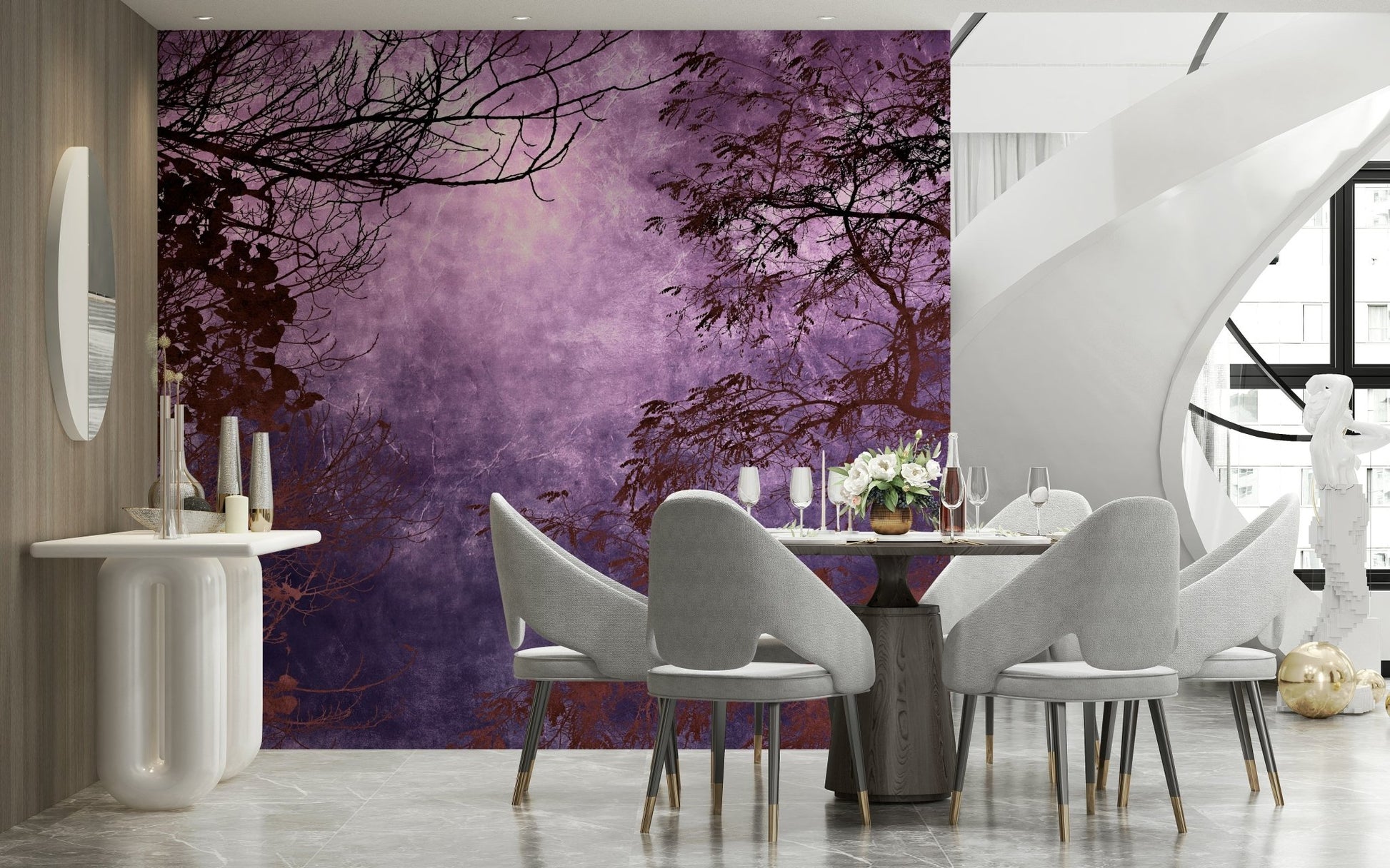 Twilight woods wall mural in plum and indigo hues