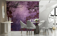 Twilight woods wall mural in plum and indigo hues