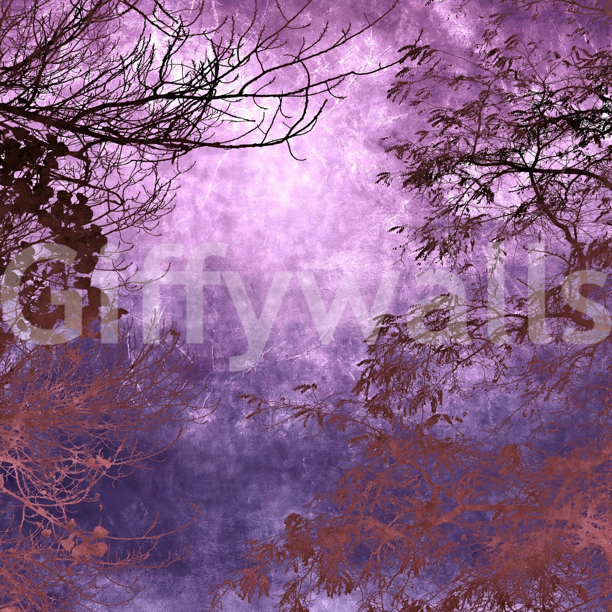 Atmospheric purple forest wall mural with moody tones