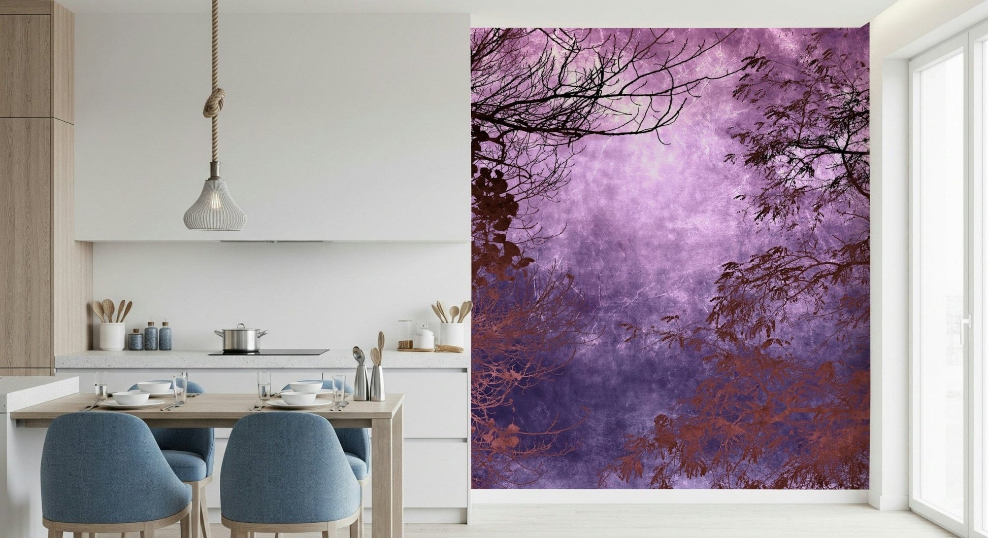 Mystical purple canopy wall mural with branch detail