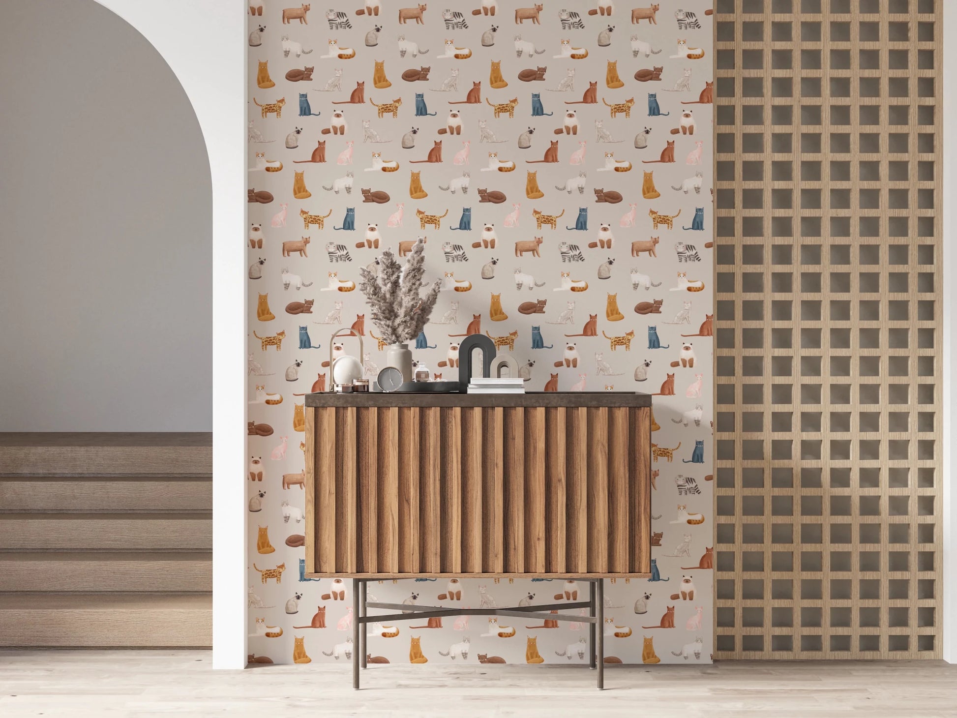 Purrfectly Pawsome Cats wallpaper of beige cat pattern in a hallway with a wooden slatted console and pampas grass