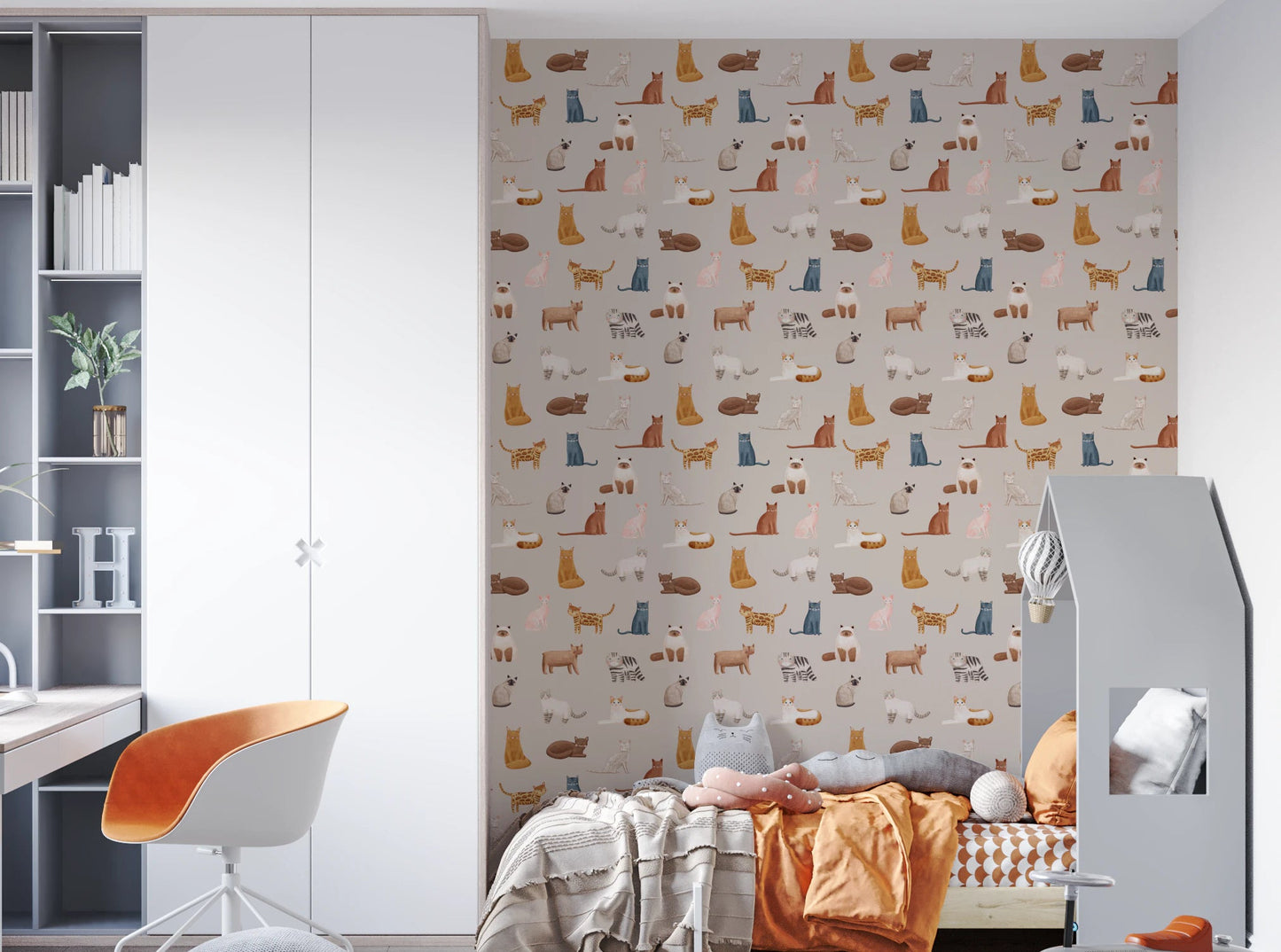 Purrfectly Pawsome Cats wallpaper on beige in a kids bedroom with an orange swivel chair and white wardrobe