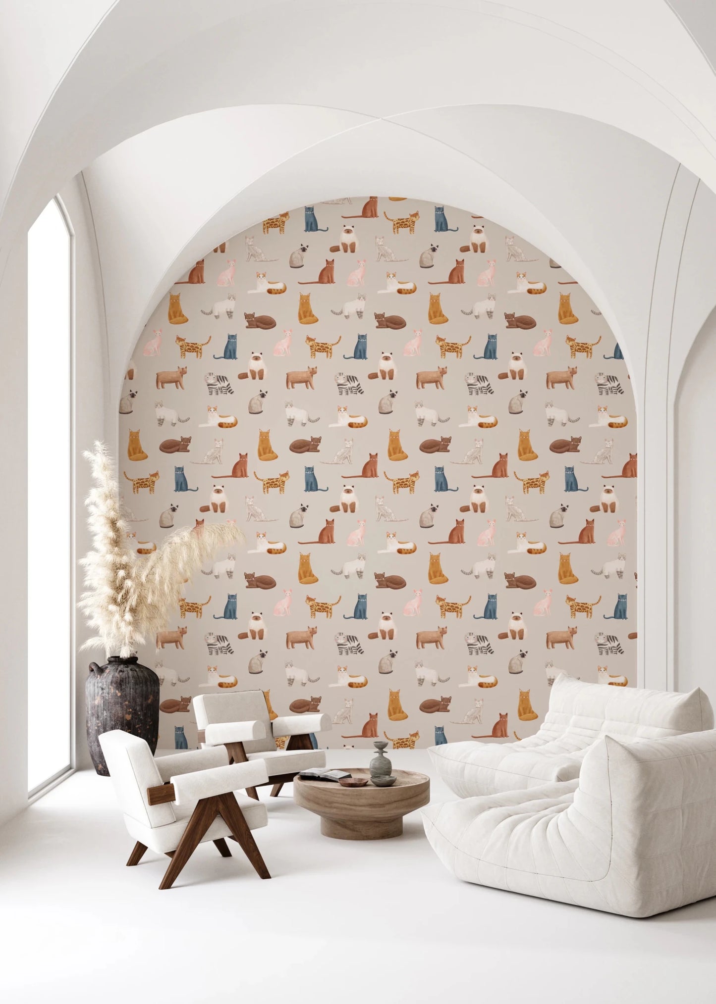 Purrfectly Pawsome Cats wallpaper of cat pattern in a bright living room with cream armchairs and a low sofa