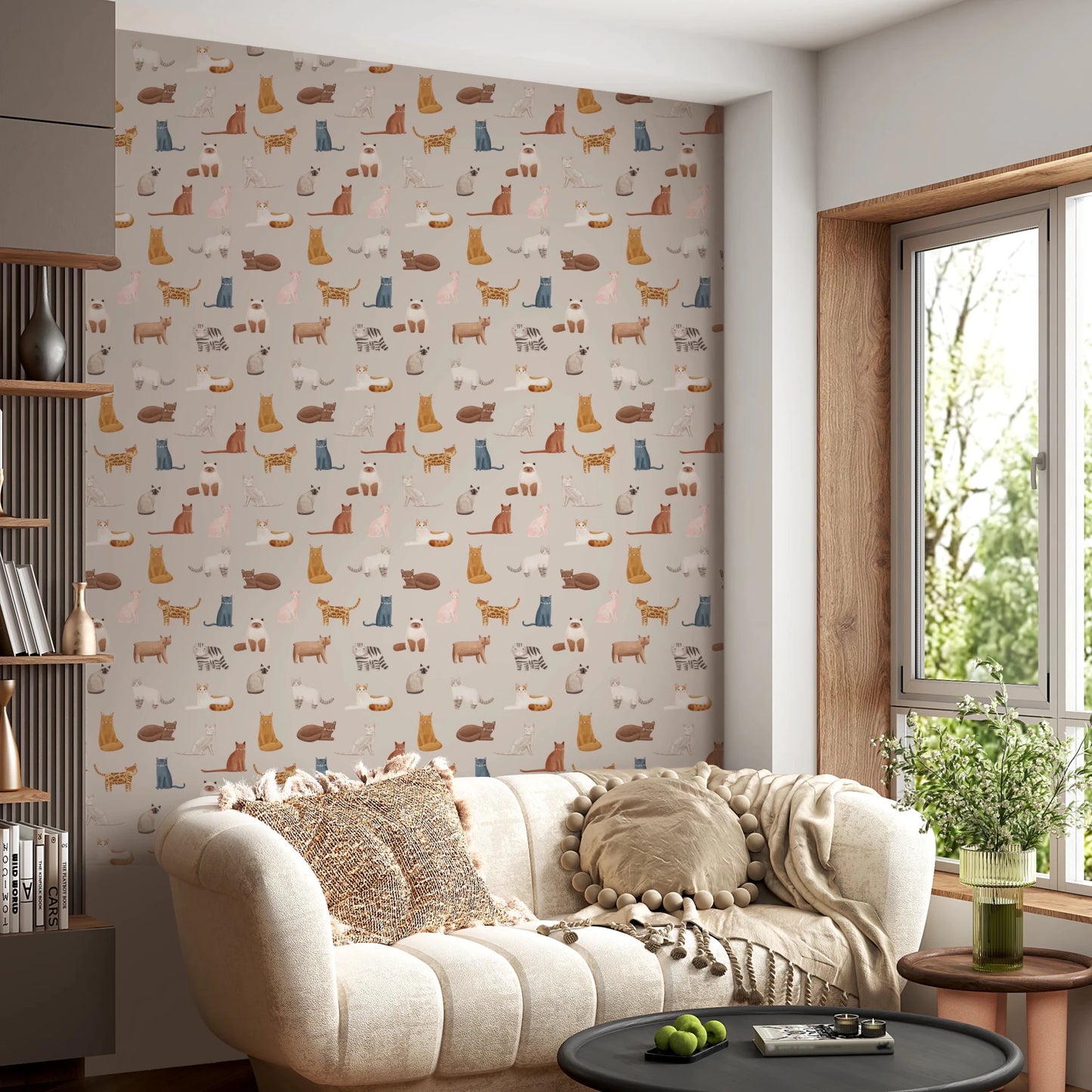 Purrfectly Pawsome Cats wallpaper of beige cat pattern in a living room with a cream channel-tufted sofa by a window