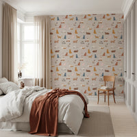 Purrfectly Pawsome Cats wallpaper of cats on beige in a bedroom with white bedding and a rust throw by the window