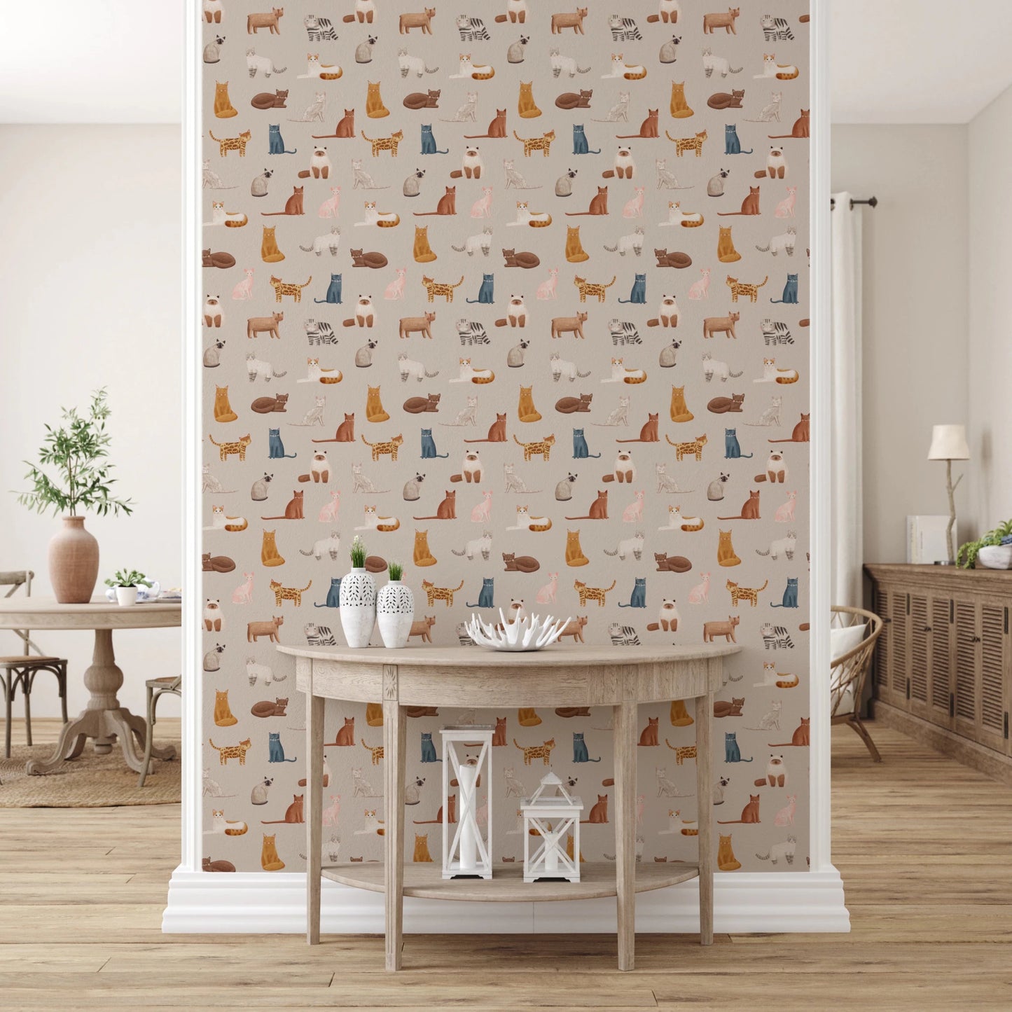 Purrfectly Pawsome Cats wallpaper of cats on beige in an entryway with a wooden demilune console and lanterns