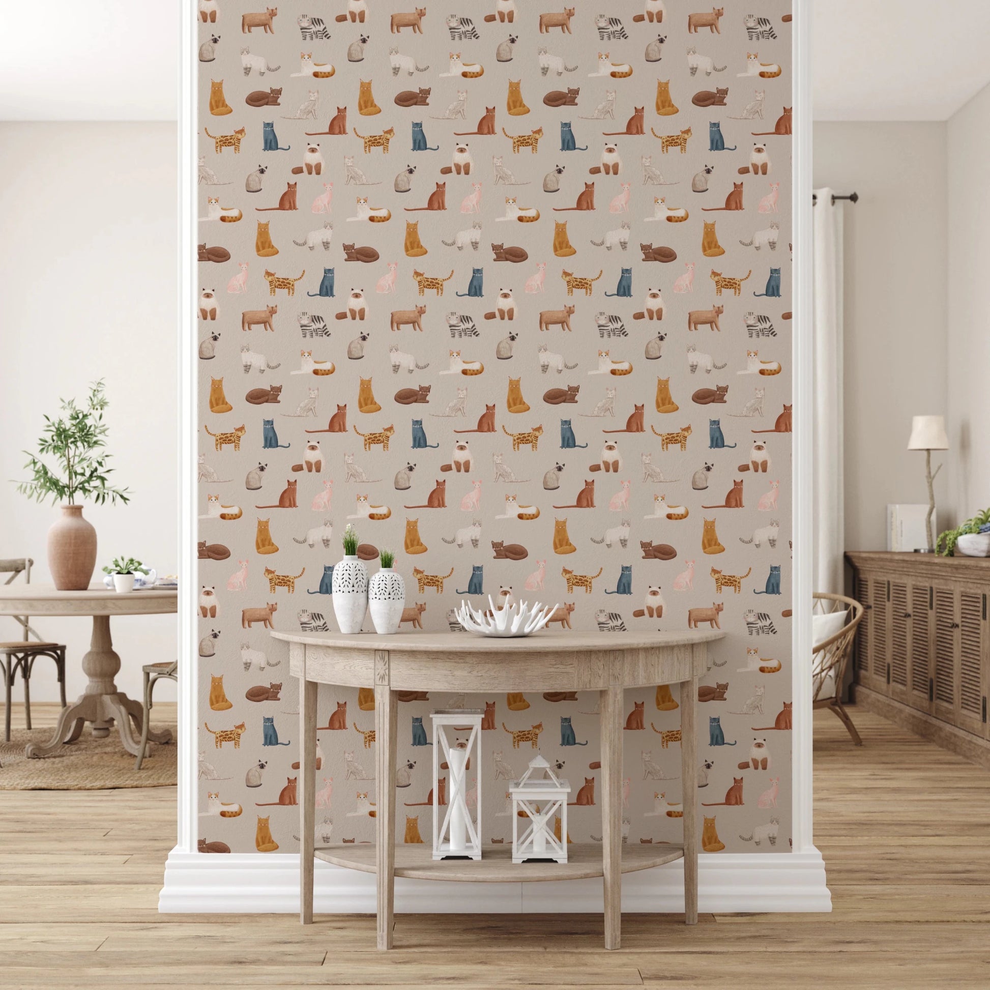Purrfectly Pawsome Cats wallpaper of cats on beige in an entryway with a wooden demilune console and lanterns