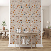 Purrfectly Pawsome Cats wallpaper of cats on beige in an entryway with a wooden demilune console and lanterns