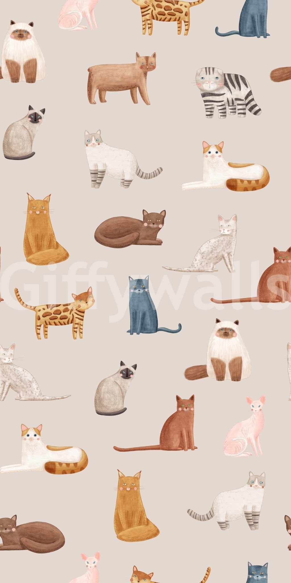 Purrfectly Pawsome Cats wallpaper close-up showing illustrated tabby, Siamese and ginger cats on a beige background