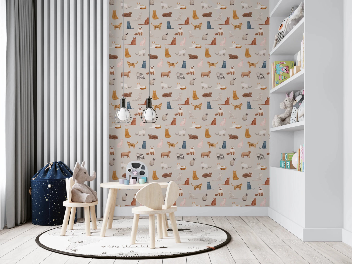 Purrfectly Pawsome Cats wallpaper of beige cat pattern in a kids playroom with wooden chairs and a world-map rug