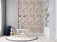 Purrfectly Pawsome Cats wallpaper of beige cat pattern in a kids playroom with wooden chairs and a world-map rug