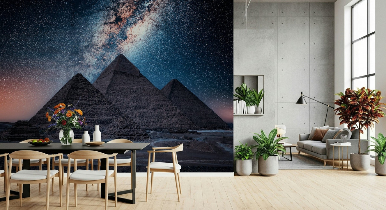 Starry night pyramids wall mural with deep blue cosmic sky