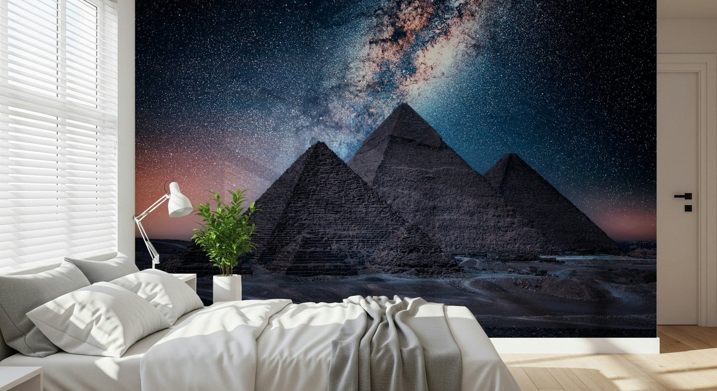 Night desert pyramids wall mural with celestial sky details