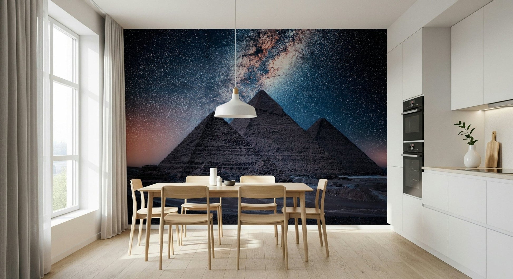 Pyramids under Milky Way wall mural with desert foreground