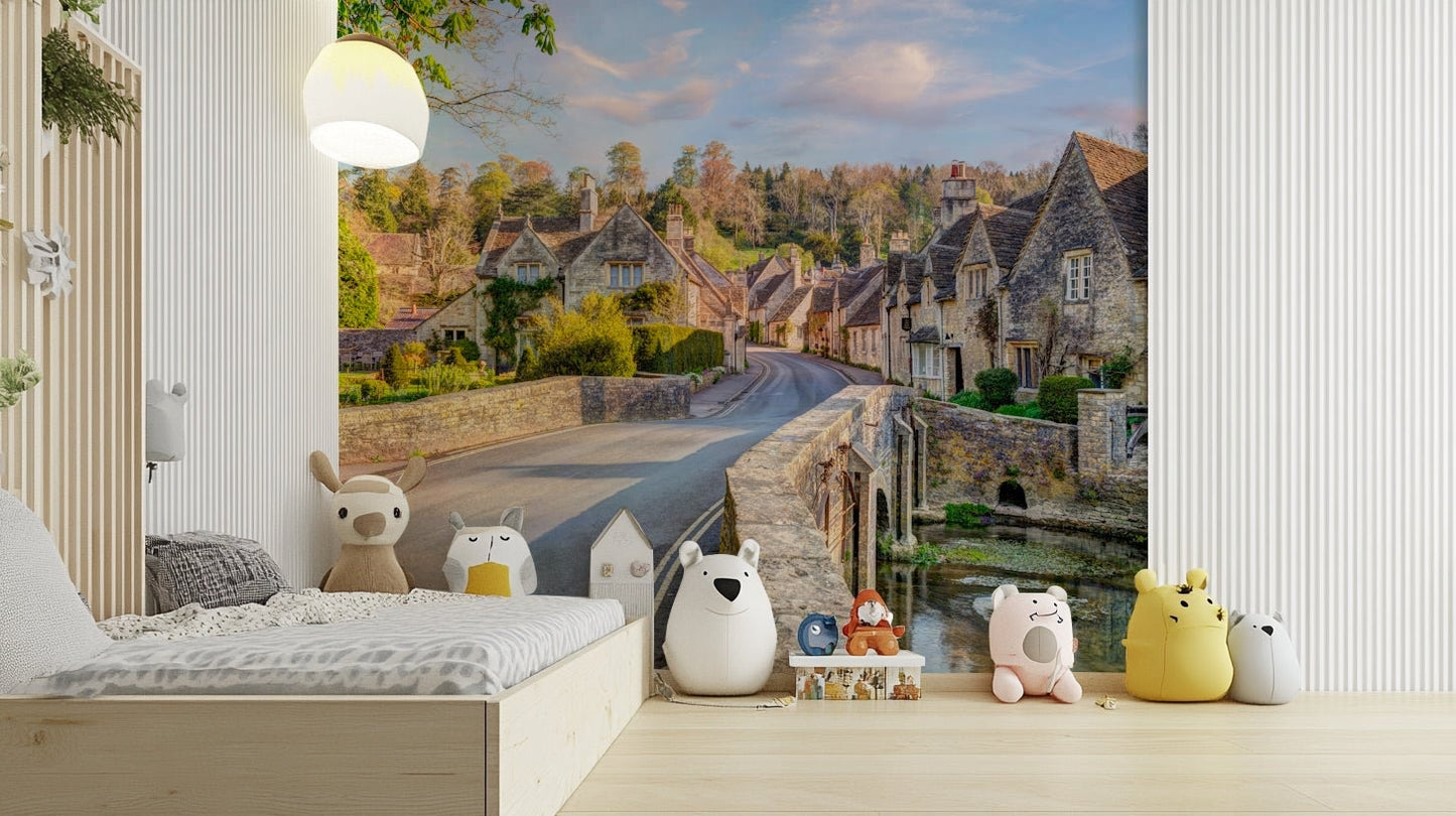 Quaint village wallpaper with bridge over stream


