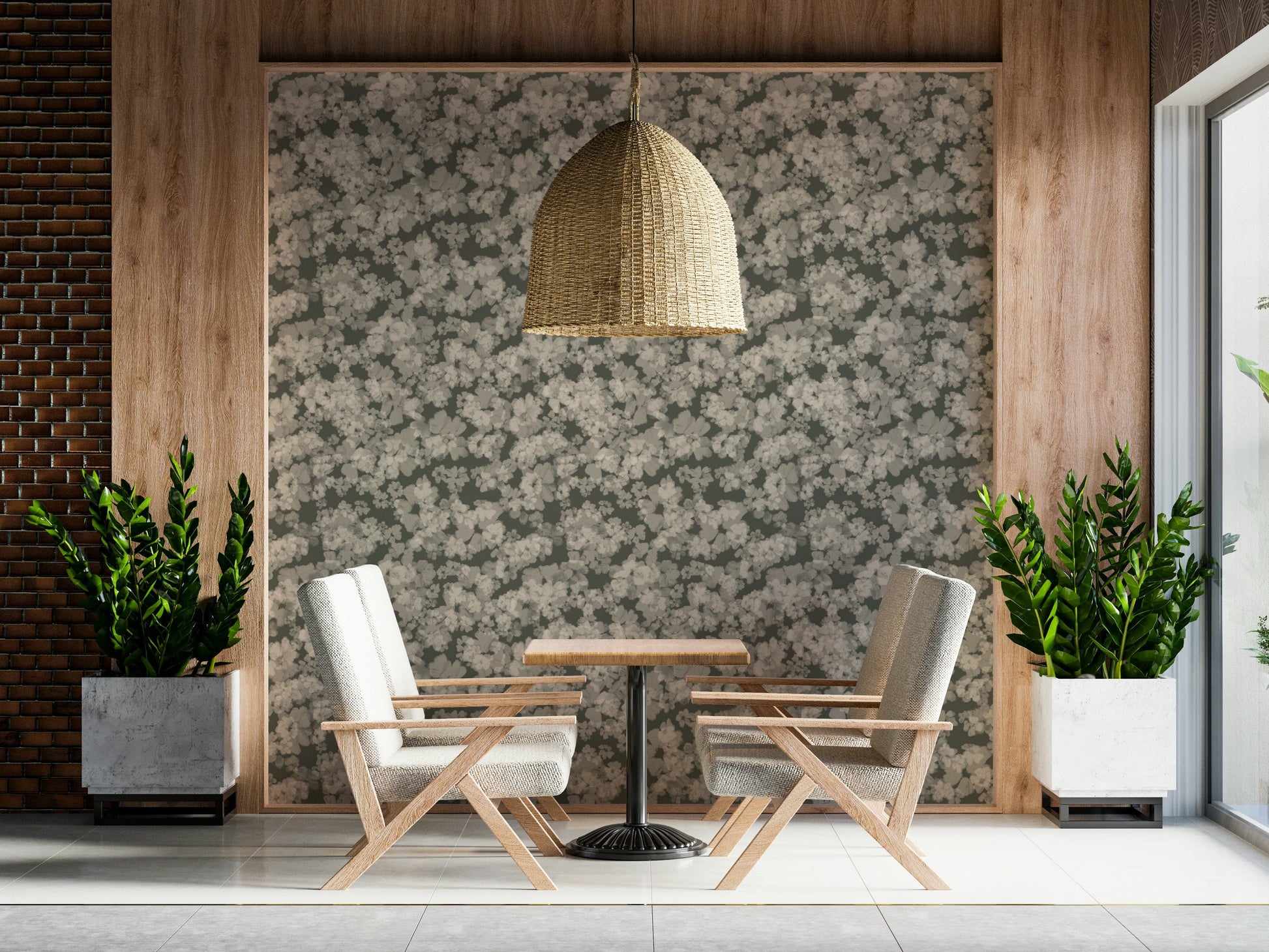 Cool graphite floral wall mural, Whispered Florals, refined living space accent.