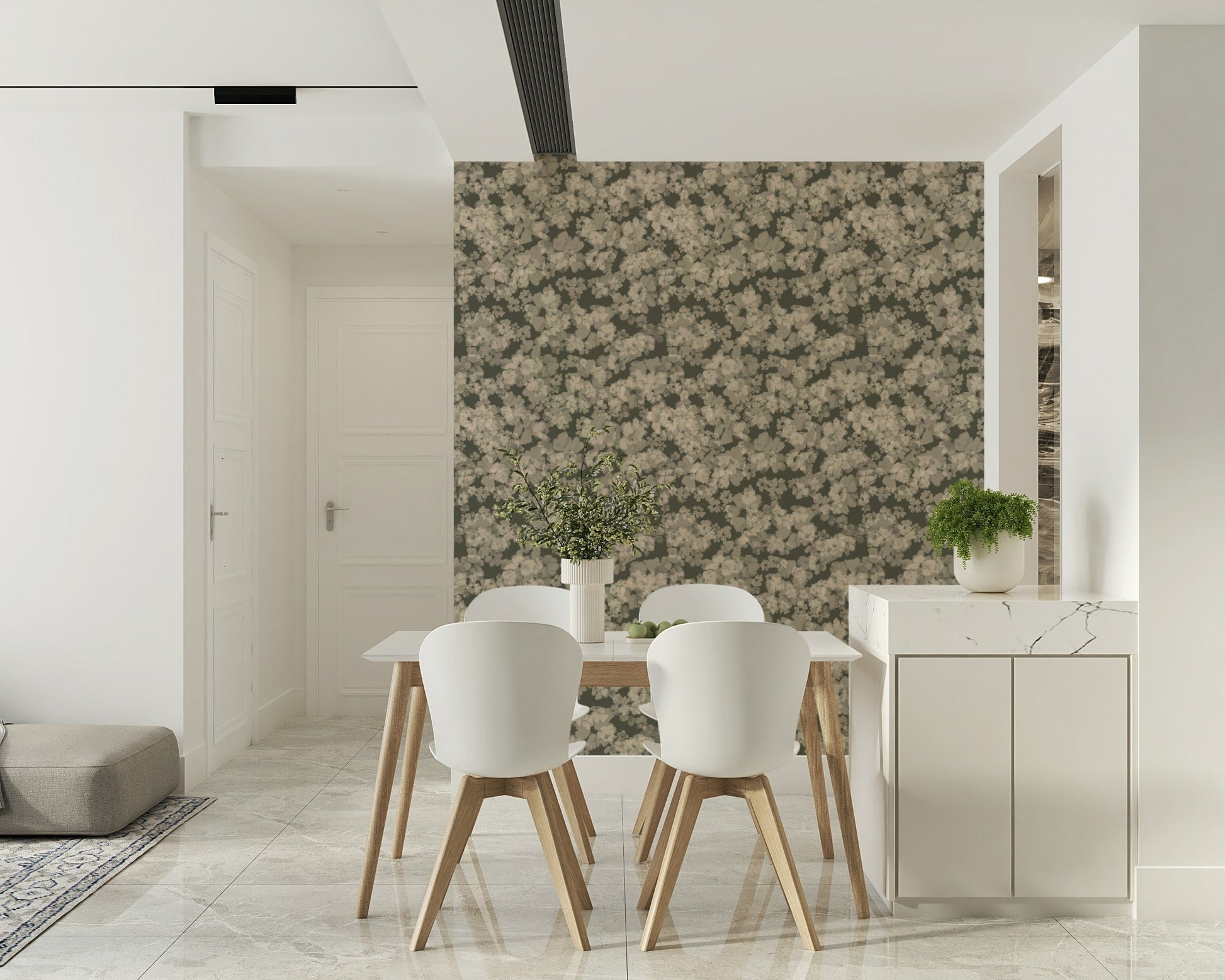 Tranquil stone floral wallpaper, artistic muted color, Whispered Florals visual.