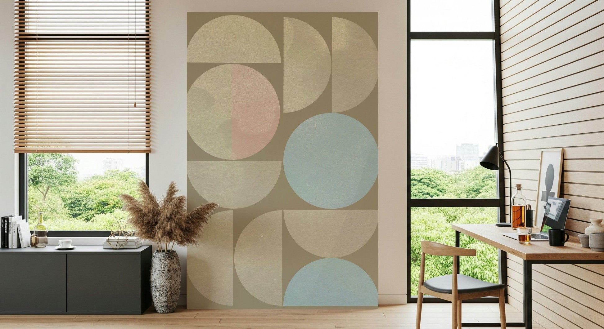 Soft hues Quiet Geometry retro look wallpaper, elegant interior.
