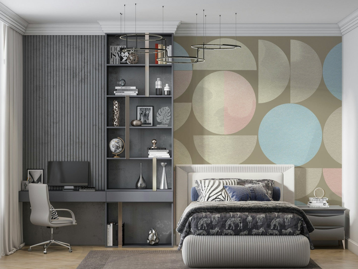 Neutral geometric designs craft a serene wall mural.