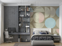 Neutral geometric designs craft a serene wall mural.