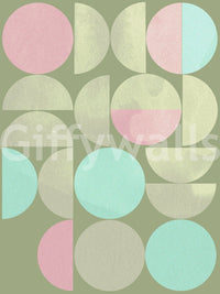 Large pastel circles anchor a Quiet Geometry wall mural.