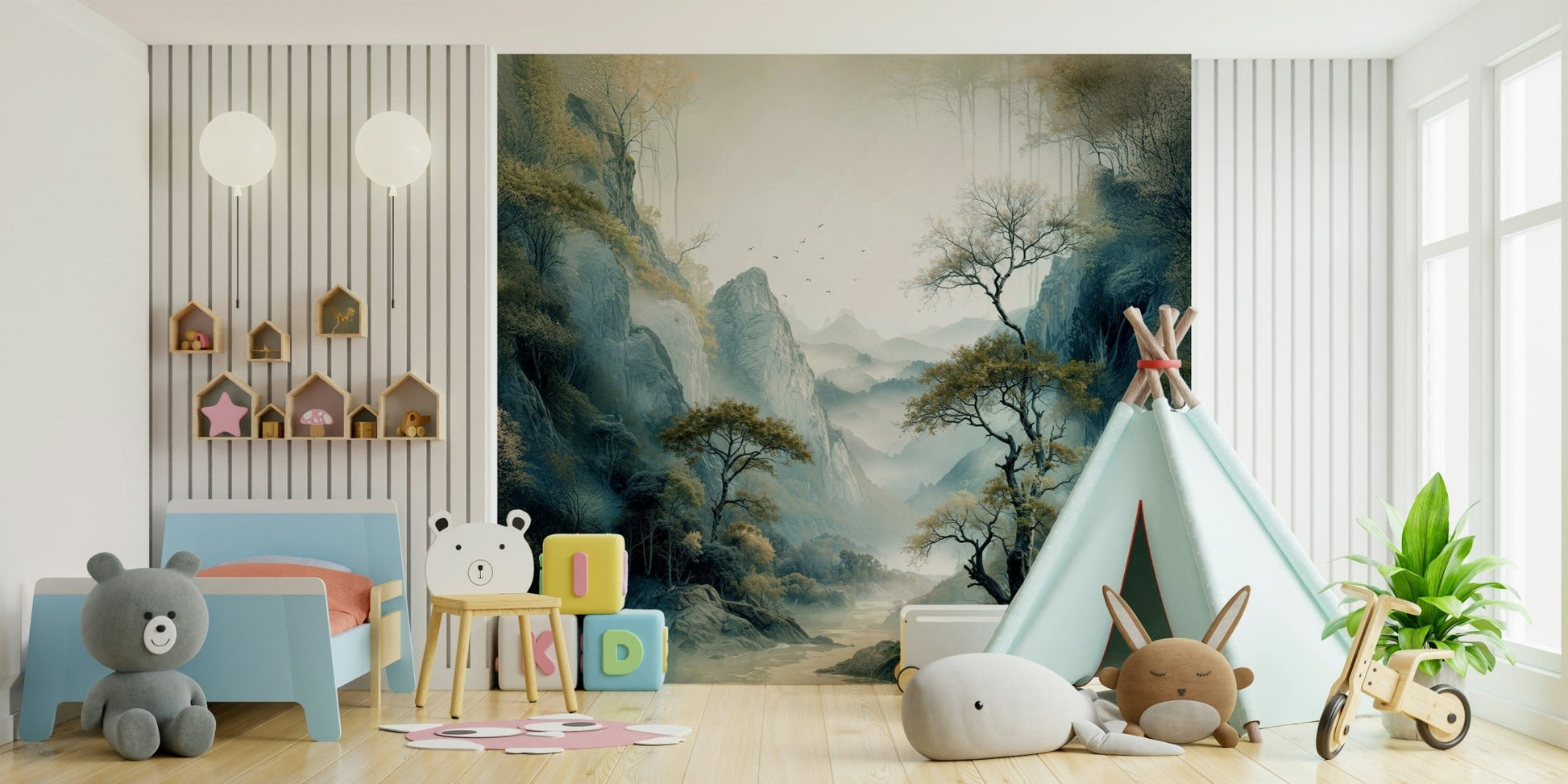 Wall mural inspired by a serene river valley landscape, perfect for calming modern interiors.