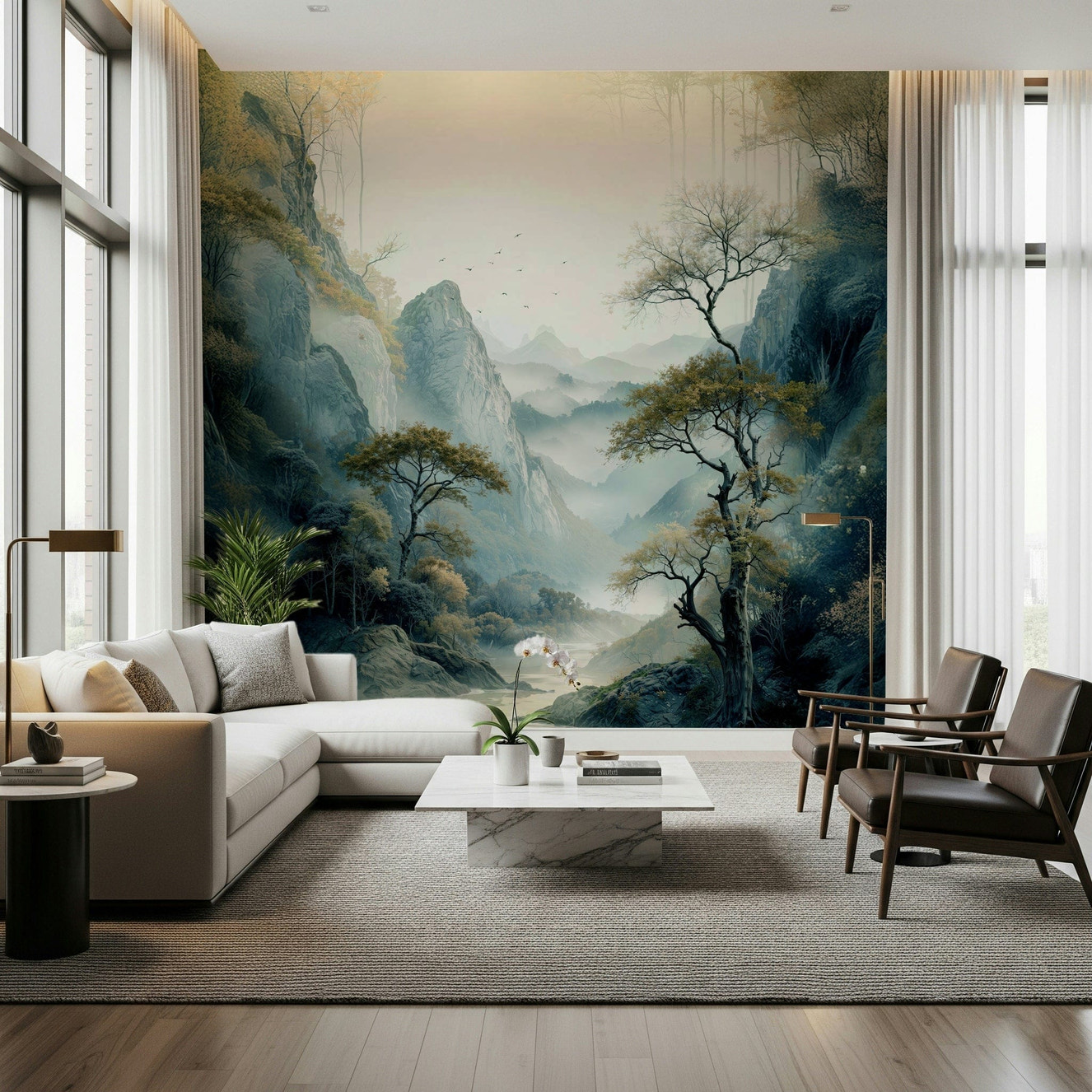 Quiet River Valley wall mural featuring a serene river winding through lush green hills.